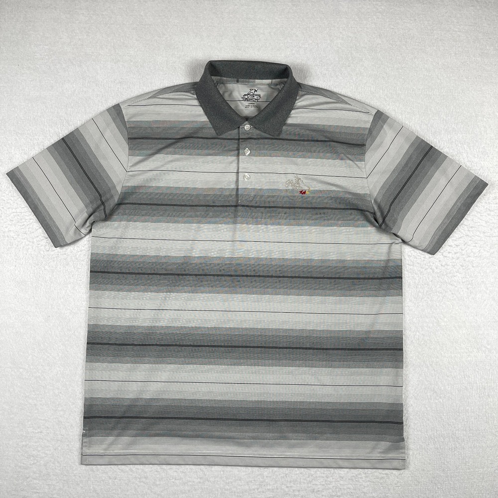 AHead Polo Shirt Mens Large Gray Striped Red Tail Golf MA Travel Vacation Work